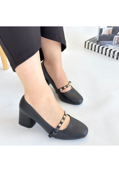 LQZ Shoes Tino Siyah Cilt Topuklu Ayakkabı