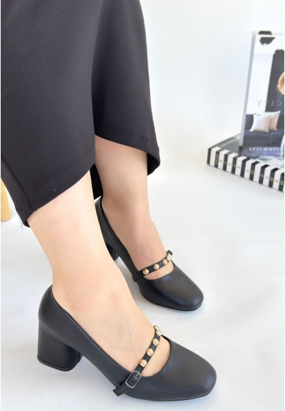 LQZ Shoes Tino Siyah Cilt Topuklu Ayakkabı