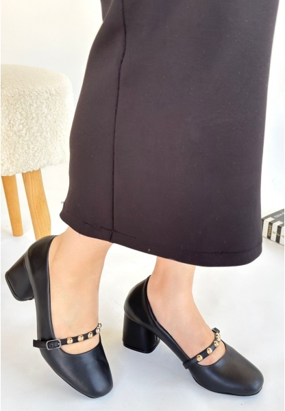 LQZ Shoes Tino Siyah Cilt Topuklu Ayakkabı