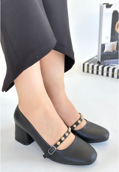 LQZ Shoes Tino Siyah Cilt Topuklu Ayakkabı