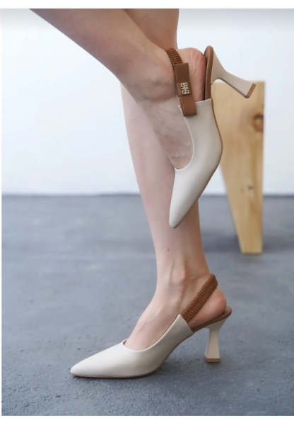 LQZ Shoes Toran Bej Cilt Topuklu Ayakkabı