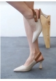 LQZ Shoes Toran Bej Cilt Topuklu Ayakkabı