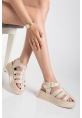 LQZ Shoes Toten Bej Cilt Kemerli Sandalet
