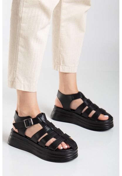 LQZ Shoes Toten Siyah Cilt Kemerli Sandalet