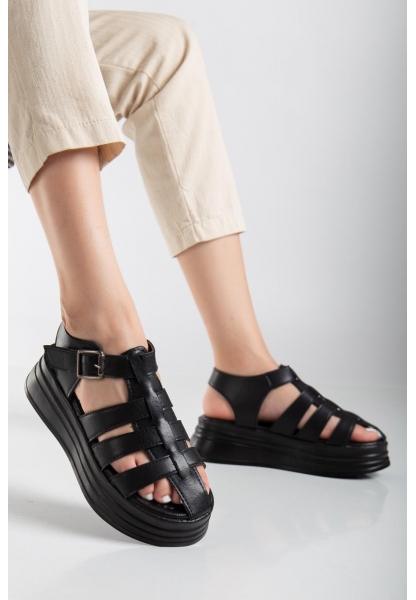 LQZ Shoes Toten Siyah Cilt Kemerli Sandalet