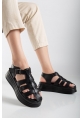 LQZ Shoes Toten Siyah Cilt Kemerli Sandalet