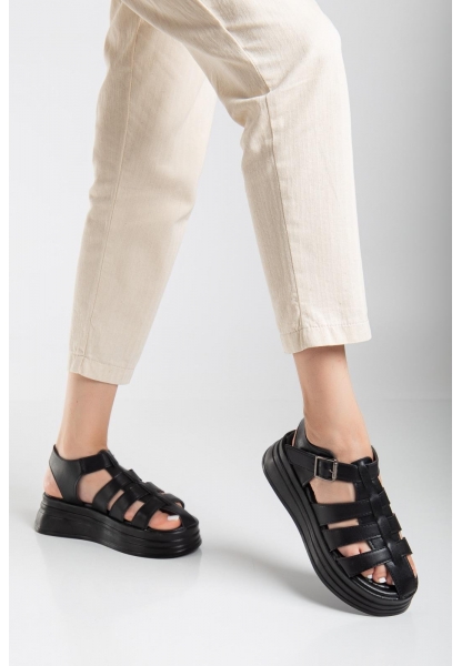 LQZ Shoes Toten Siyah Cilt Kemerli Sandalet