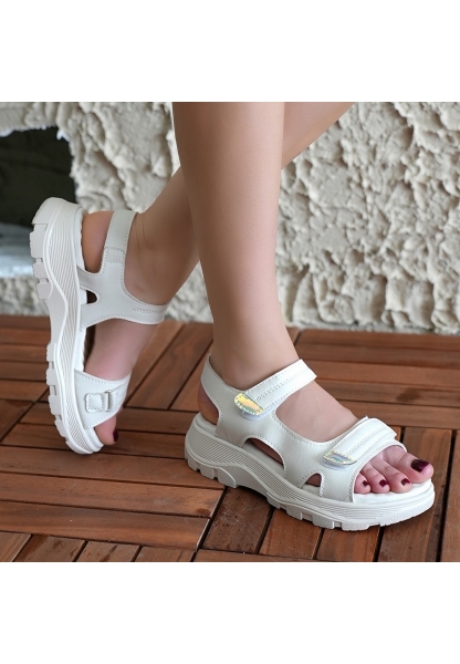 LQZ Shoes Trita Bej Cilt Cırt Cırtlı Sandalet