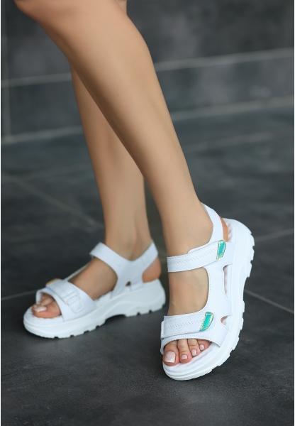 LQZ Shoes Trita Beyaz Cilt Cırt Cırtlı Sandalet
