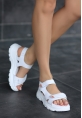 LQZ Shoes Trita Beyaz Cilt Cırt Cırtlı Sandalet