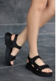 LQZ Shoes Trita Siyah Cilt Cırt Cırtlı Sandalet