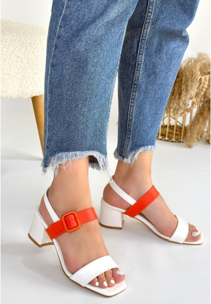 LQZ Shoes Year Beyaz Cilt Turuncu Detaylı Beyaz Topuklu Ayakkabı