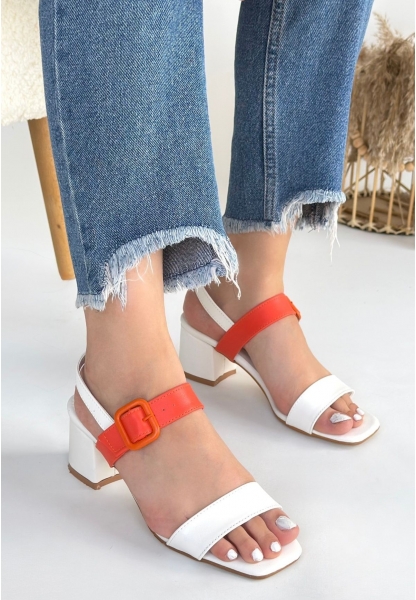 LQZ Shoes Year Beyaz Cilt Turuncu Detaylı Beyaz Topuklu Ayakkabı