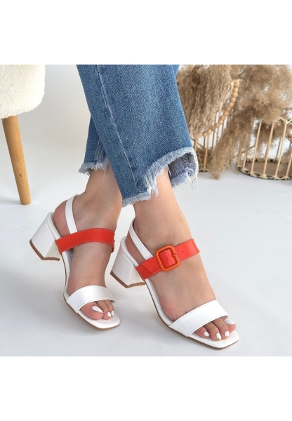 LQZ Shoes Year Beyaz Cilt Turuncu Detaylı Beyaz Topuklu Ayakkabı