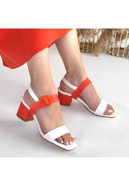 LQZ Shoes Year Beyaz Cilt Turuncu Detaylı Topuklu Ayakkabı