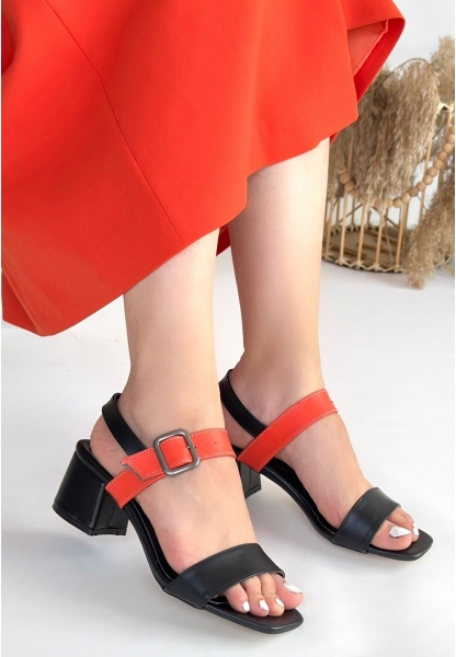 LQZ Shoes Year Siyah Cilt Turuncu Detaylı Siyah Topuklu Ayakkabı