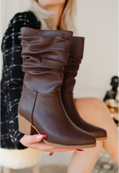 LQZ Shoes Yior Kahverengi Cilt Topuklu Bot