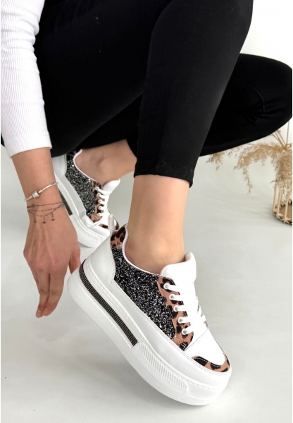LQZ Shoes Yorna Beyaz Cilt Leopar Detaylı Spor Ayakkabı