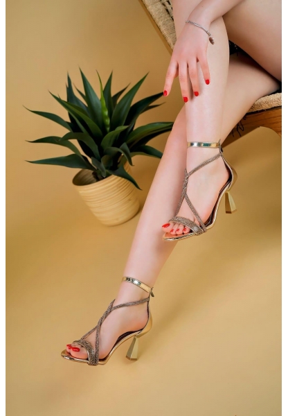 LQZ Shoes Yulia Gold Rugan Topuklu Ayakkabı