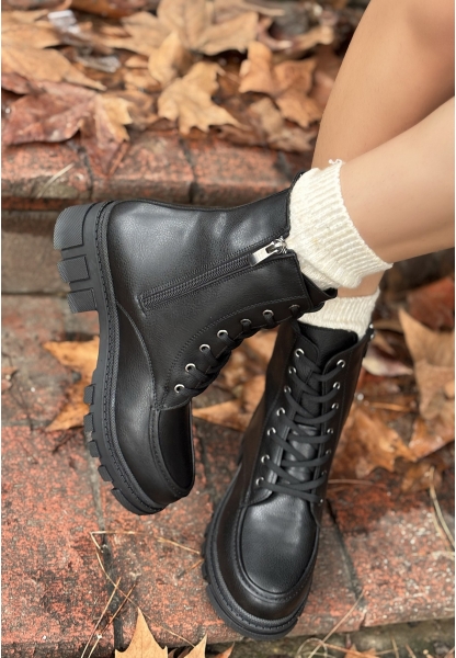 LQZ Shoes Yuran Siyah Cilt Bağcıklı Bot