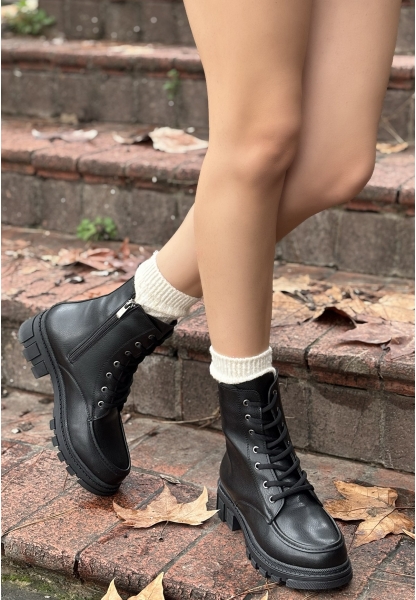 LQZ Shoes Yuran Siyah Cilt Bağcıklı Bot