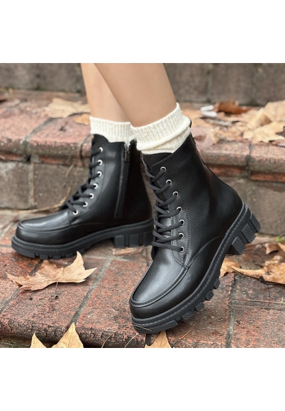 LQZ Shoes Yuran Siyah Cilt Bağcıklı Bot
