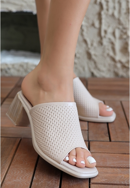 LQZ Shoes Zanna Bej Cilt Topuklu Terlik