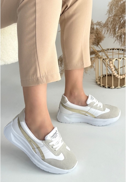 LQZ Shoes Zitta Beyaz Cilt Gold Detaylı Spor Ayakkabı