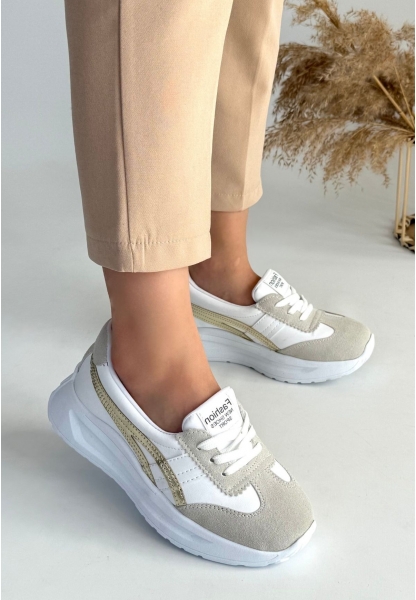 LQZ Shoes Zitta Beyaz Cilt Gold Detaylı Spor Ayakkabı