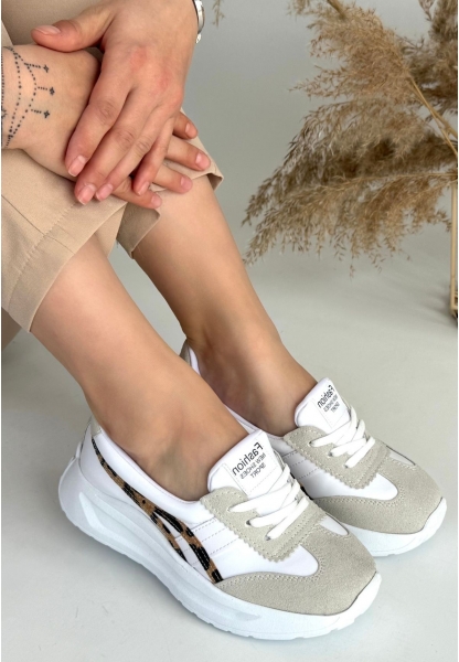 LQZ Shoes Zitta Beyaz Cilt Leopar Detaylı Spor Ayakkabı