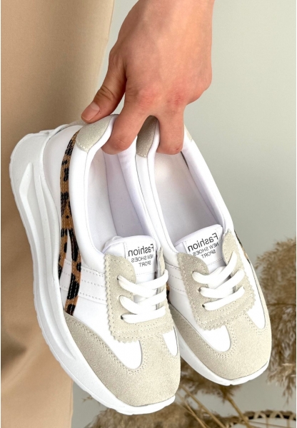 LQZ Shoes Zitta Beyaz Cilt Leopar Detaylı Spor Ayakkabı