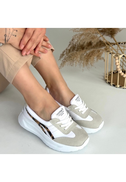 LQZ Shoes Zitta Beyaz Cilt Leopar Detaylı Spor Ayakkabı