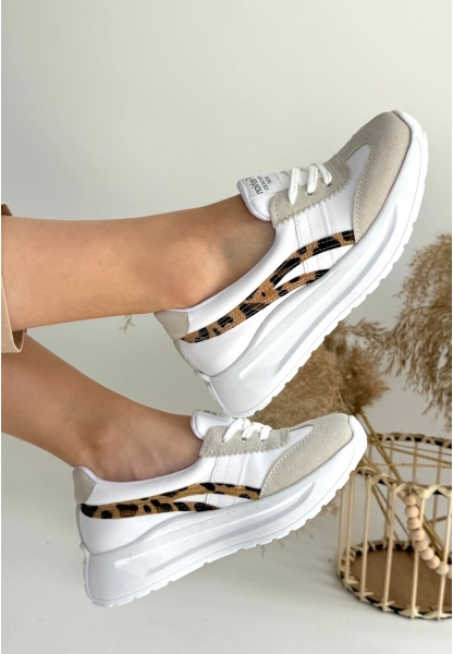 LQZ Shoes Zitta Beyaz Cilt Leopar Detaylı Spor Ayakkabı