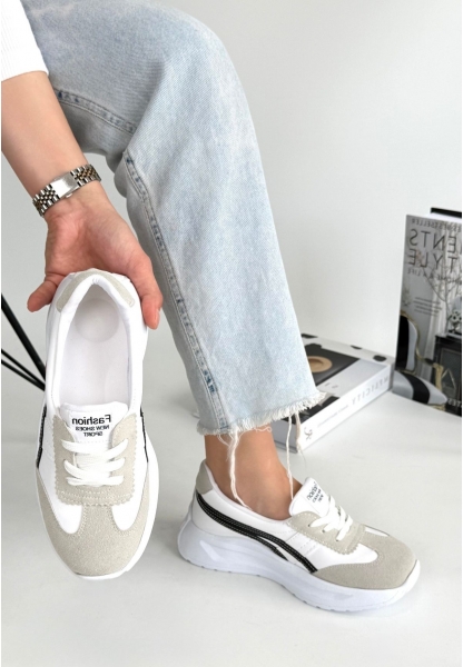 LQZ Shoes Zitta Beyaz Cilt Siyah Detaylı Spor Ayakkabı