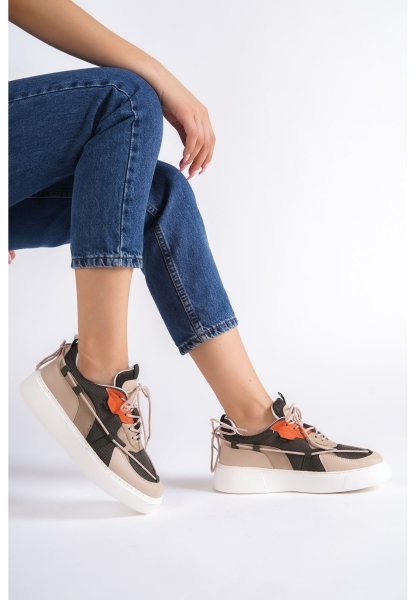 LQZ Shoes Zoes Nude Süet Yeşil Detaylı Bağcıklı Spor Ayakkabı