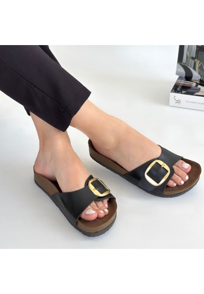 LQZ Shoes Zooy Siyah Cilt Terlik