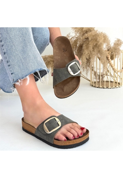 LQZ Shoes Zooy Yeşil Nubuk Terlik