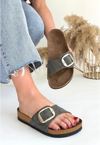 LQZ Shoes Zooy Yeşil Nubuk Terlik