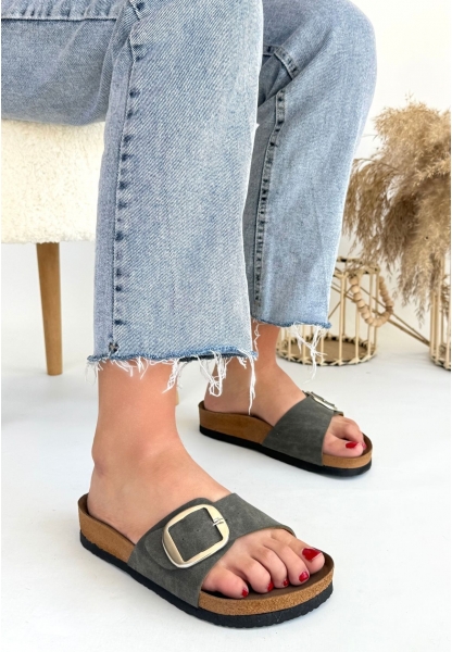 LQZ Shoes Zooy Yeşil Nubuk Terlik