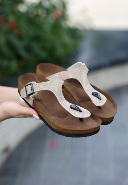 LQZ Shoes Aksar Krem Nubuk Parmak Arası Terlik