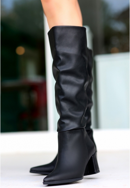 LQZ Shoes Roksa Siyah Cilt Topuklu Çizme
